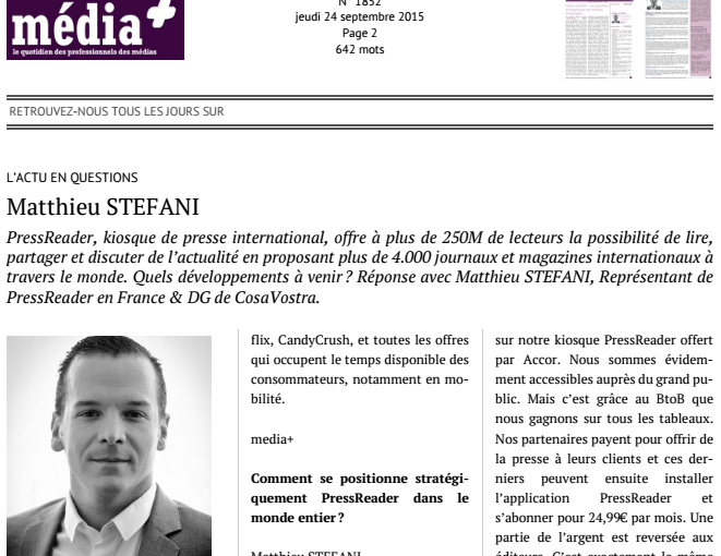 PressReader, avenir de la presse : interview de Matthieu Stefani dans Media+
